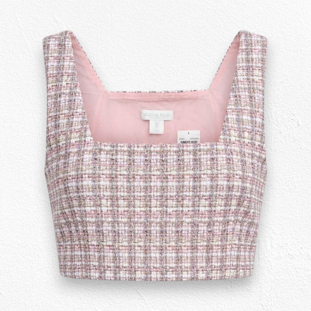 House of Harlow 1960 Pixie Dust Pink Metallic Tweed Crop Top Size Small NWT